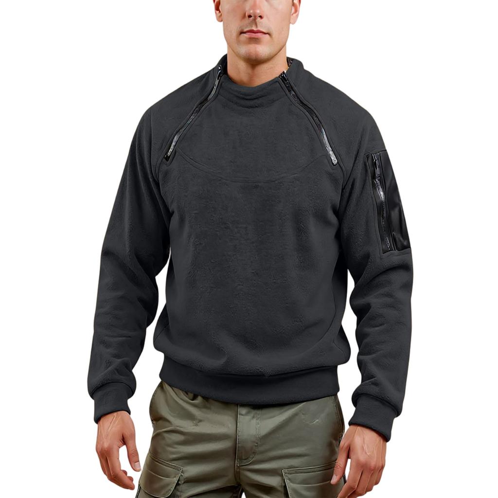 Men's Trend Round Neck Double Zipper Pocket Color Outdoor Function Workwear Hoodie