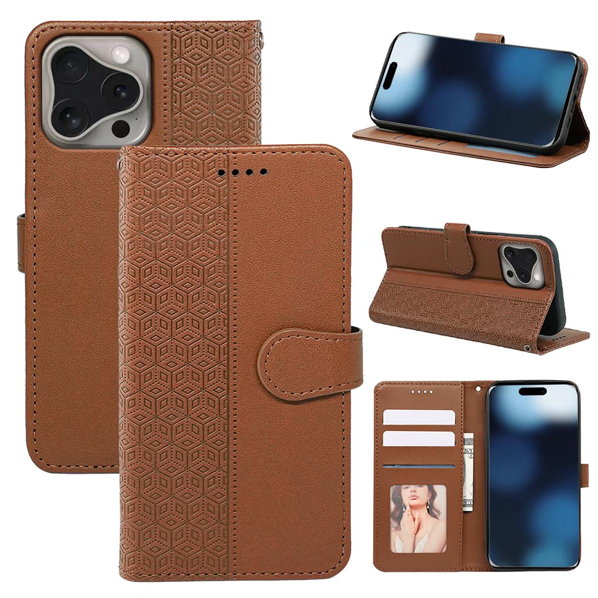 

For iPhone 16 Pro Max Case Cubic Grid Imprinted Leather Phone Cover with Wallet Brown