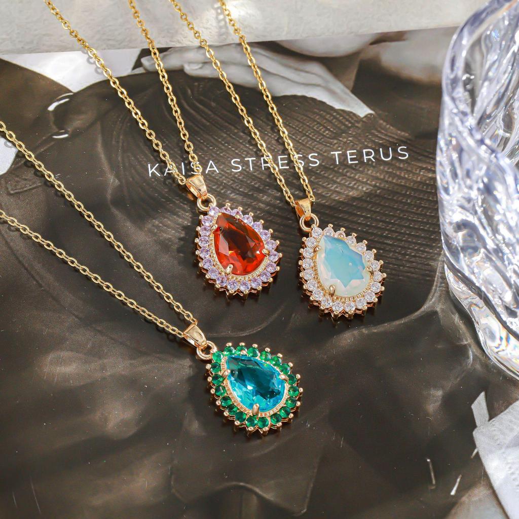 Colorful Crystal Water Drop Necklace with Zircon Inlay and 18K Gold-Plated Clavicle Chain