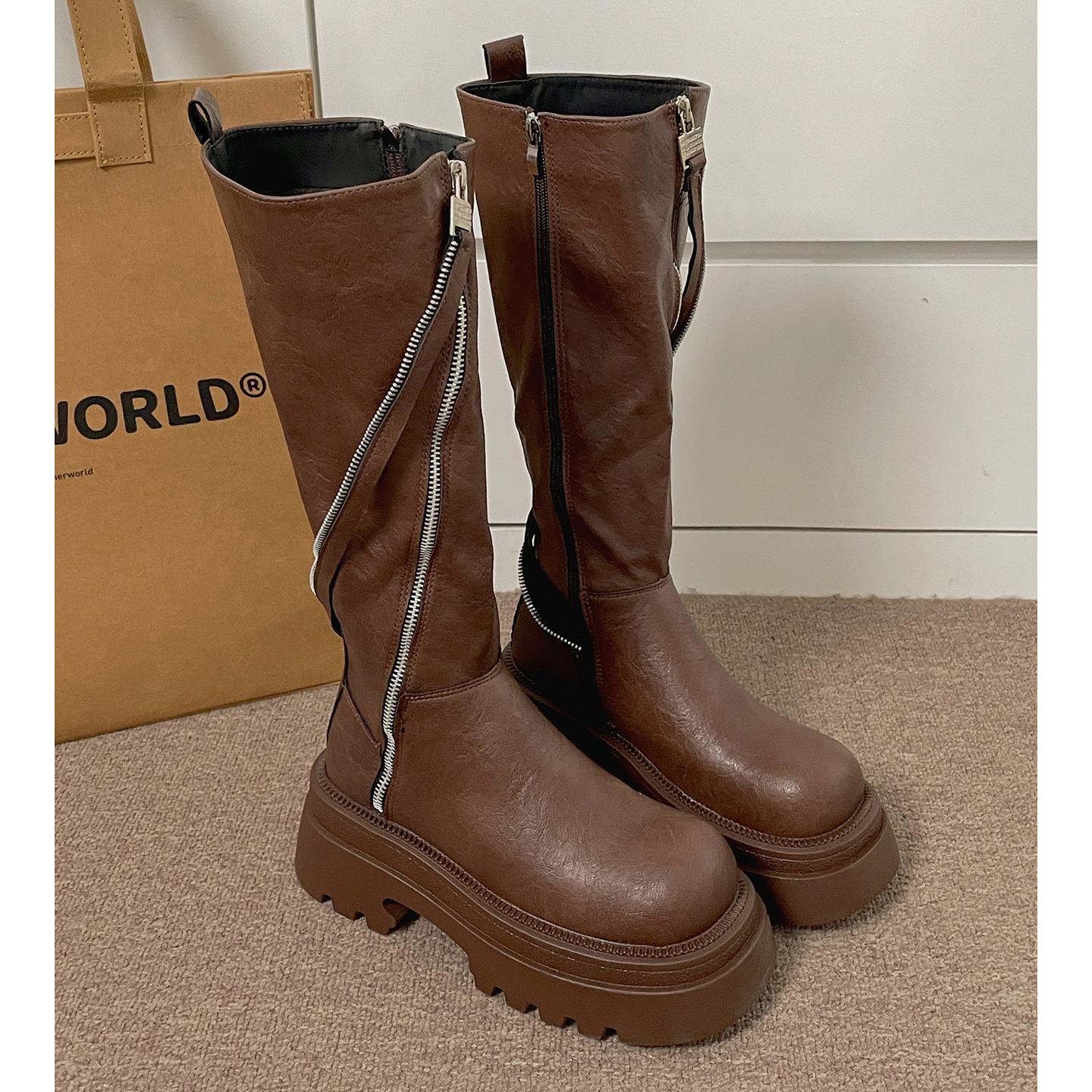 

Black retro British platform boots women s boots 2025 new autumn thin Maillard knight boots 40 коричневый