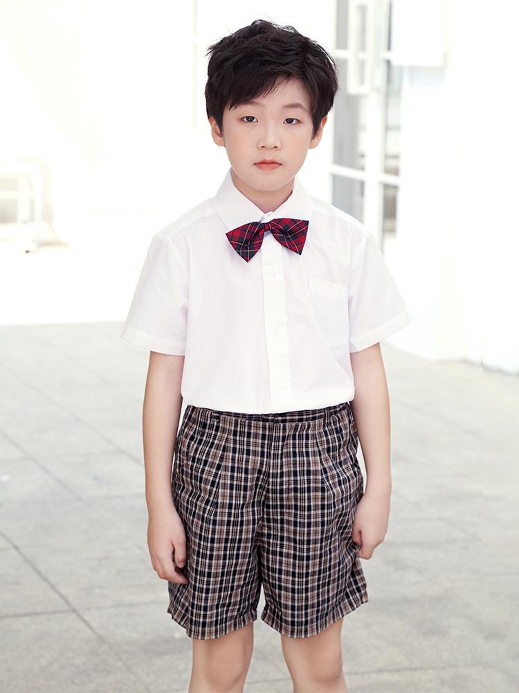 Shenzhen School Uniform Summer Set for Primary Boys & Girls: Short-Sleeved Shirt, Plaid Pants, Skirt, Short Skirt, and Bow Tie