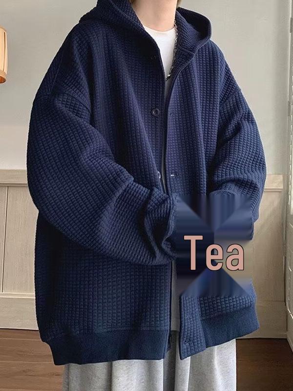 Men's Oversized Retro Waffle Knit Hooded Sweatshirt - Heavy-Weight Casual Jacket for Spring & Autumn by Trendy Brand