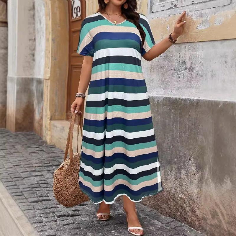 

YYFS Женская мода лето весна короткий рукав V-образный вырез свободная талия повседневные платья 1XL синий