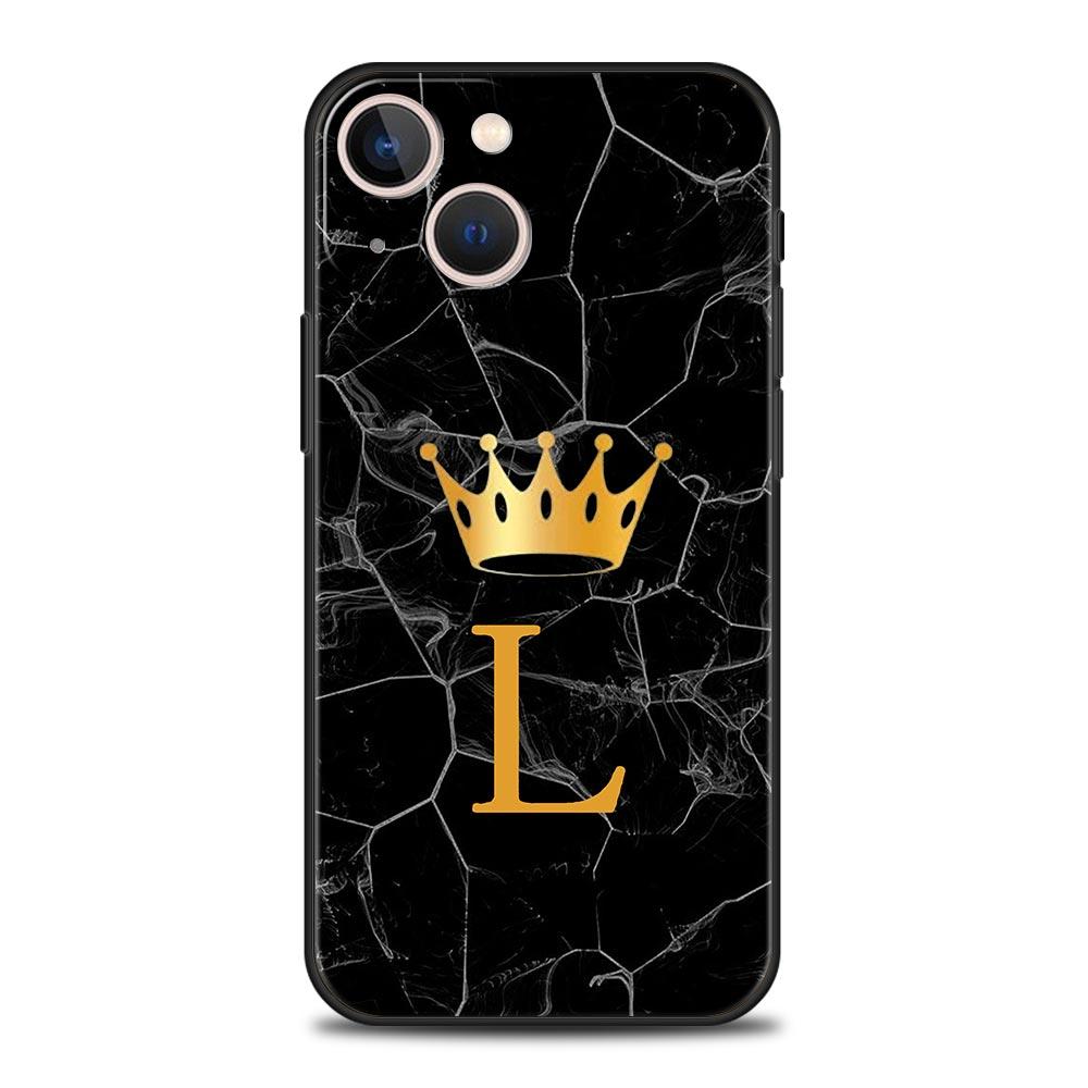 Crown Letter A To Z Luxury Phone Case For iPhone 15 14 13 12 Mini 11 Pro Max XS X XR SE 7 8 Plus Soft Silicone Black Cover Funda