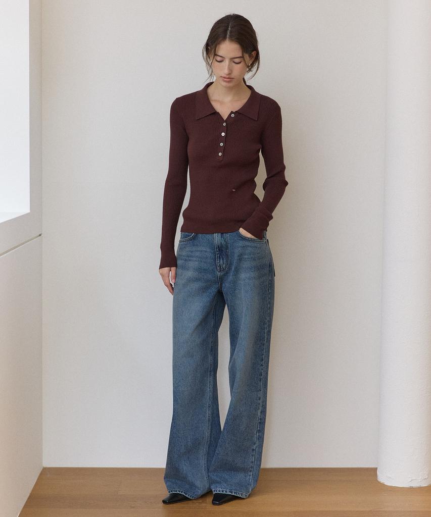 OURHOPE Washable Ribbed Collar Knit - Brown