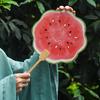 Watermelon Print Round Fan with Wooden Long Handle Portable Lightweight Outdoor Travel Camping Picnic Summer Handheld Paper Fan