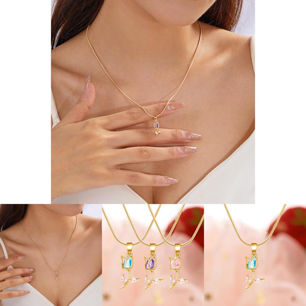 Tulip Floral Necklace Copper Chain Womens Fashion Spring Accessory