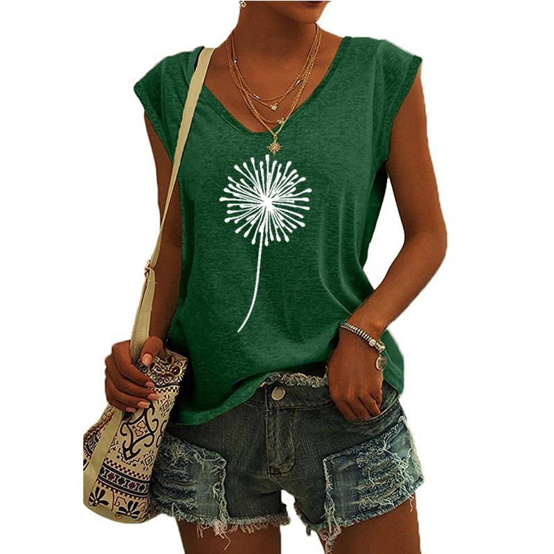 2023 Trendy Women's V-neck Print Cap Sleeve Loose T-shirt Top
