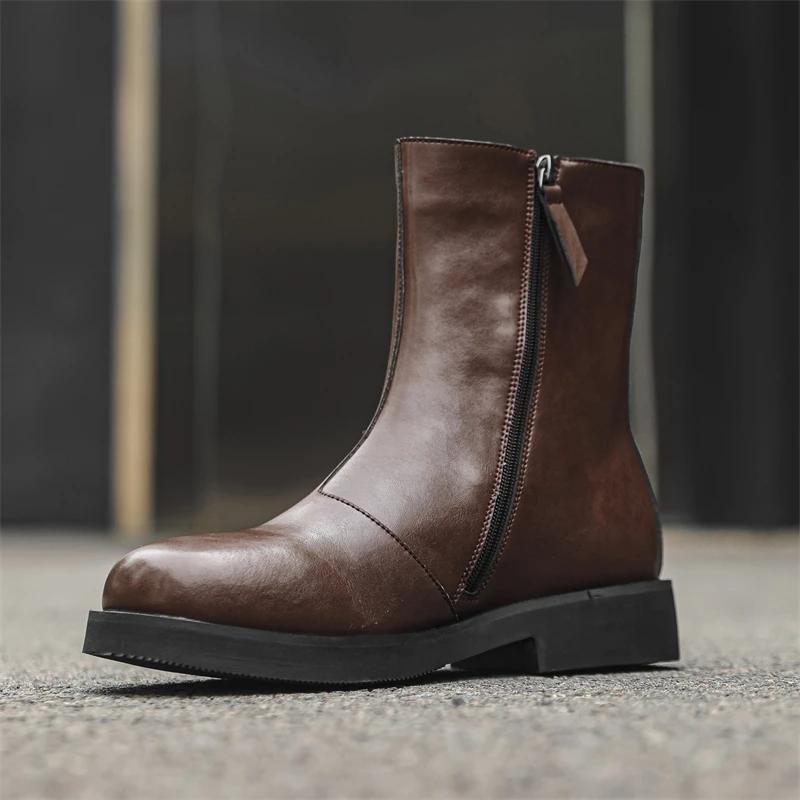 Fashion Thick Bottom Leather Men Chelsea Boots Outdoor Man Mid-Calf Boots High Top Casual Shoes Classic Spring Autumn Male Botas
