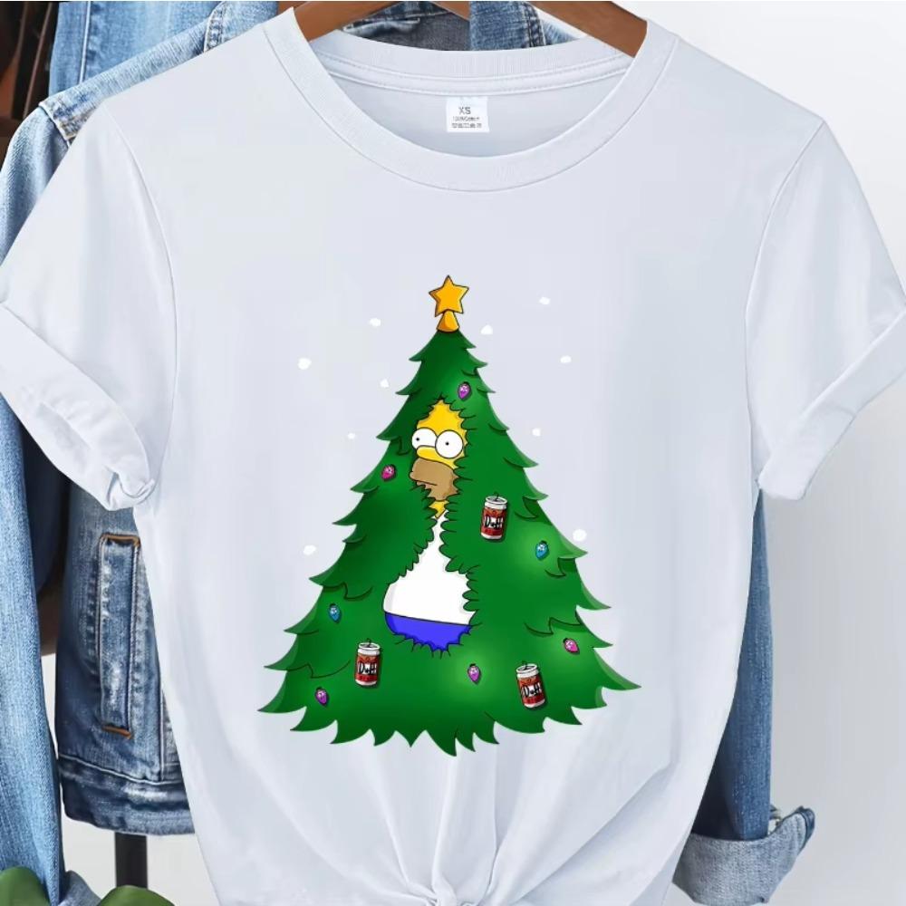 The Simpsons Christmas Tree Homer Print Womens Roundneck Pure Cotton Tshirt Unisex Women Breathable Soft Cotton M