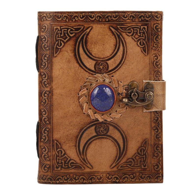 Buy 2, Get 1 FREE! Handcrafted Charcoal Leather Journal – Premium Genuine Leather, Embossed Moon Phase & Lapis Lazuli Stone