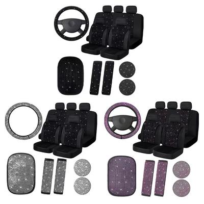 Set di 15 Pezzi Accessori Auto Bling per Donne Coprivolante in Cristallo Kit Coprisedili Traspiranti in Velluto Bling