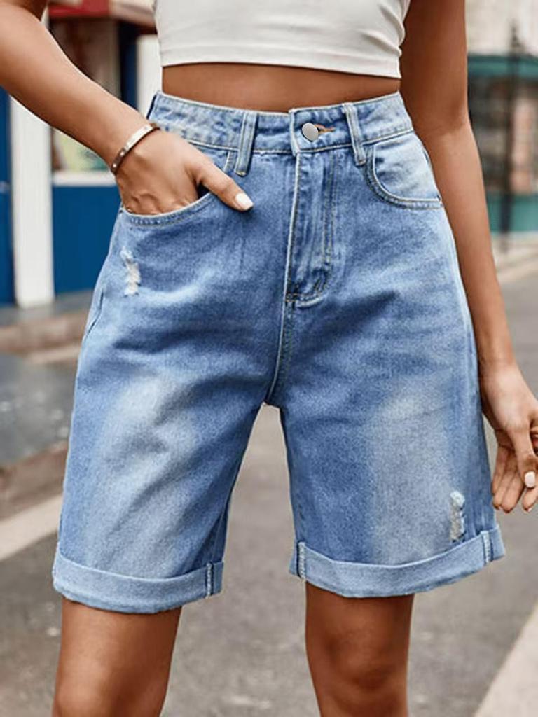Women's Distressed Denim Shorts - Casual, Loose Fit