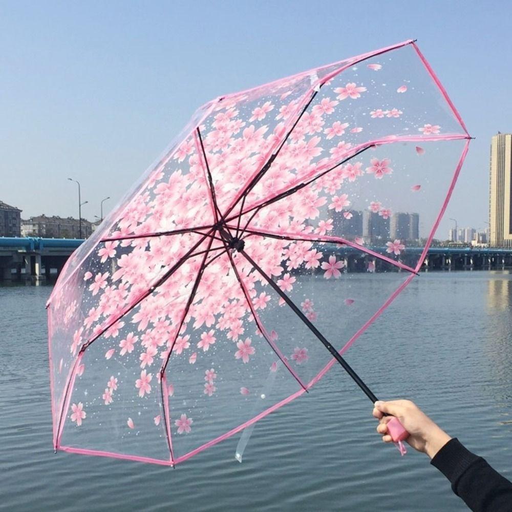 Waterproof Cherry Blossom Transparent Umbrella Funny Manual Umbrella Folding Umbrella  Outdoor