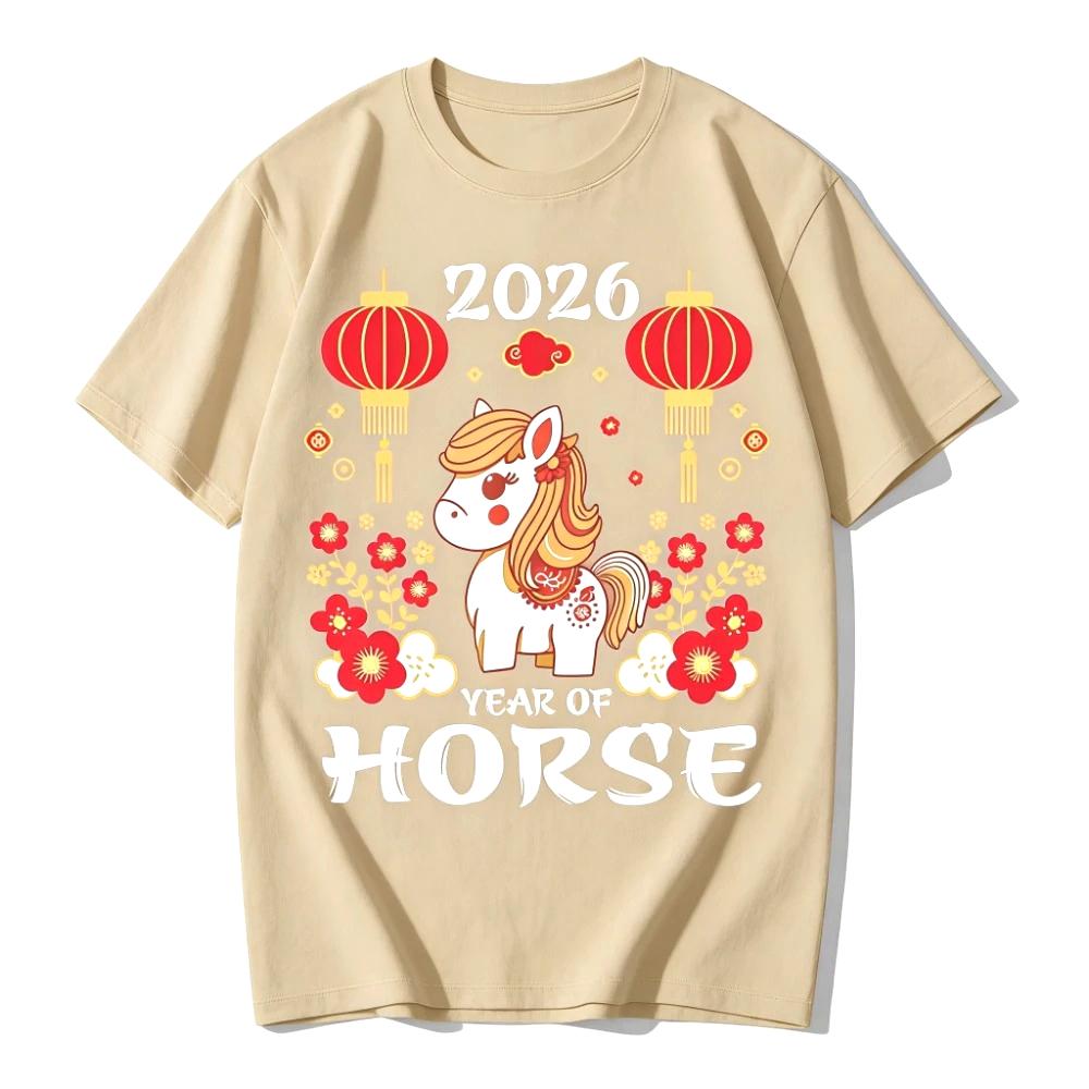 2026 Jahr des Pferdes T-Shirt Mondneujahrshemd Chinesisches Neujahrs-T-Shirt Niedliches Sternzeichen-Pferd Cartoon-Aufdruck T-Shirt Damen Oberteile