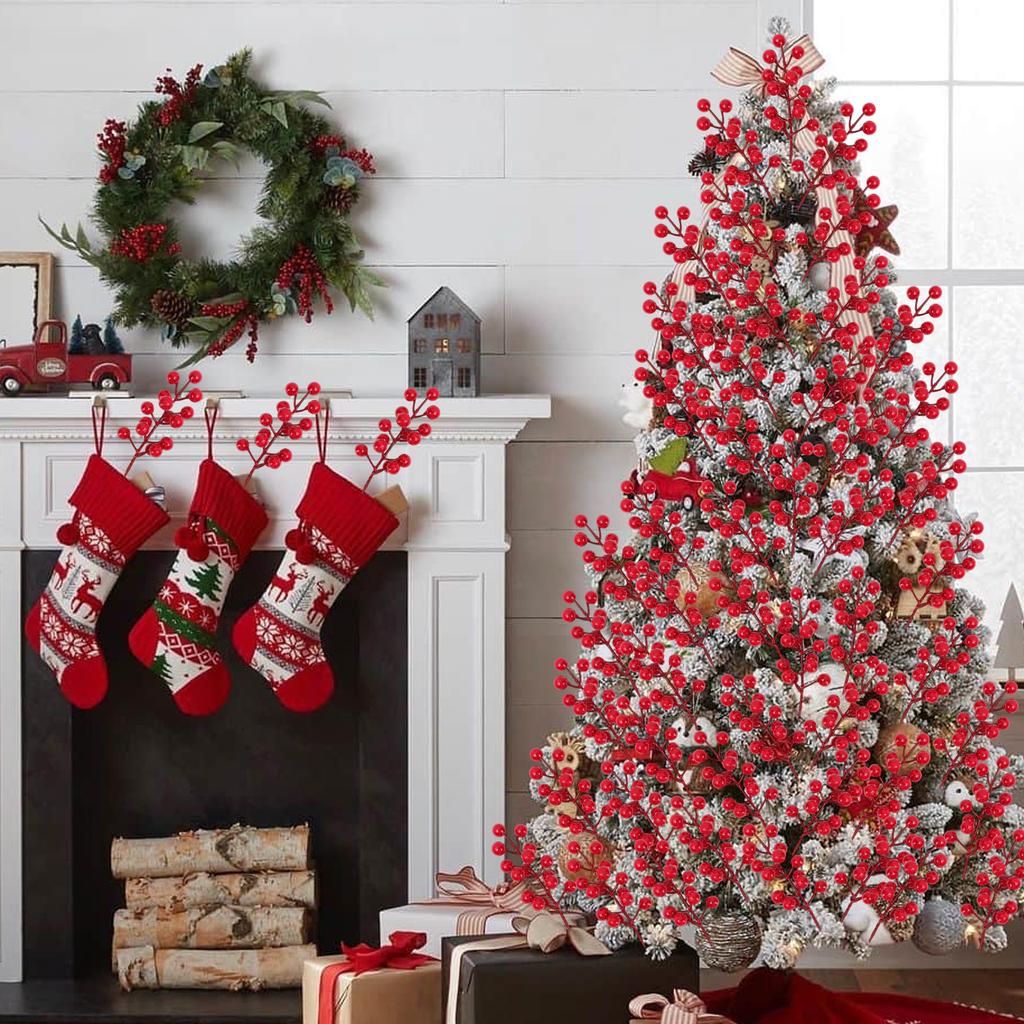 Christmas Red Berries 15head Artificial Red Berries Stems Holiday Wreaths Xmas Tree Ornament Party Displays Decoration Wholesale
