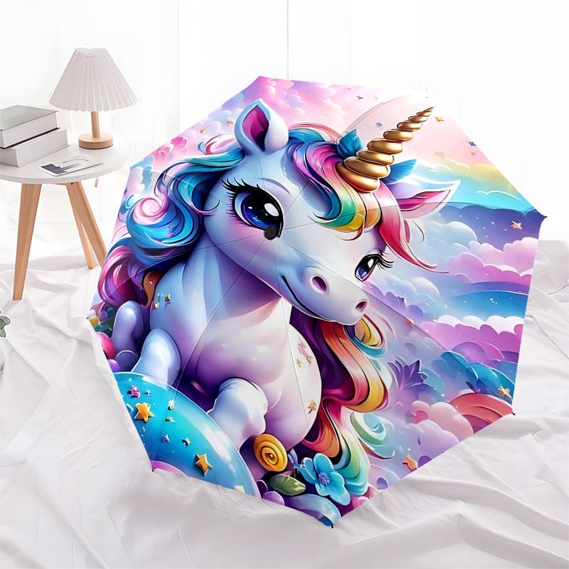 1pz Ombrello Arcobaleno Unicorno Apri/Chiudi-Antivento, Ombrello da Viaggio Compatto, Robusto Asta a 8 Stecche, Accessorio da Esterno1190