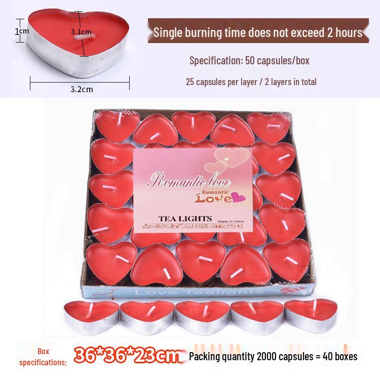 50pcs Box of Romantic Aluminum Shell Tea Candles - Creative Birthday Love Design, White Wax for Weddings & Hotels