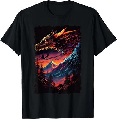 T-shirt Design Retro Fantasy Avventura con Drago e Tramonto sulla Montagna