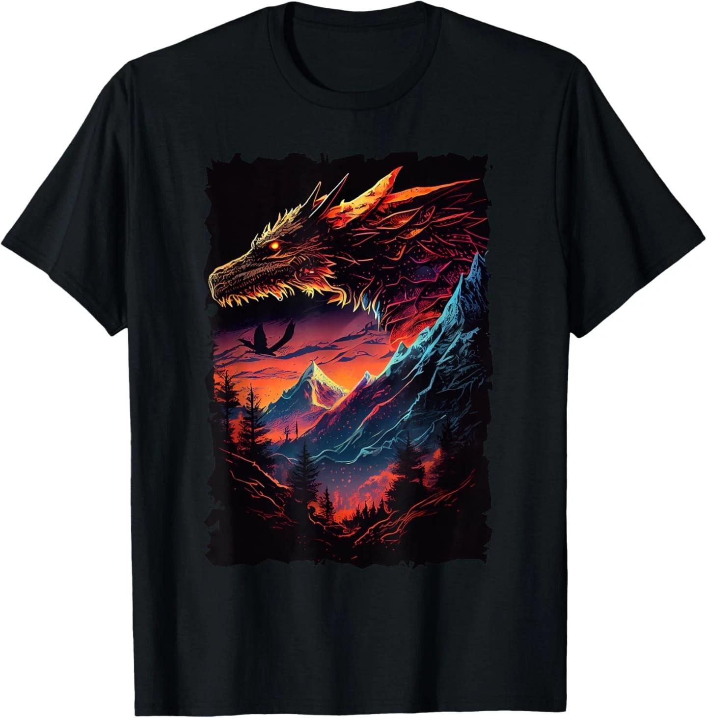 

Dragon with Mountain Sunset Retro Fantasy Adventure Design T-Shirt 3XL