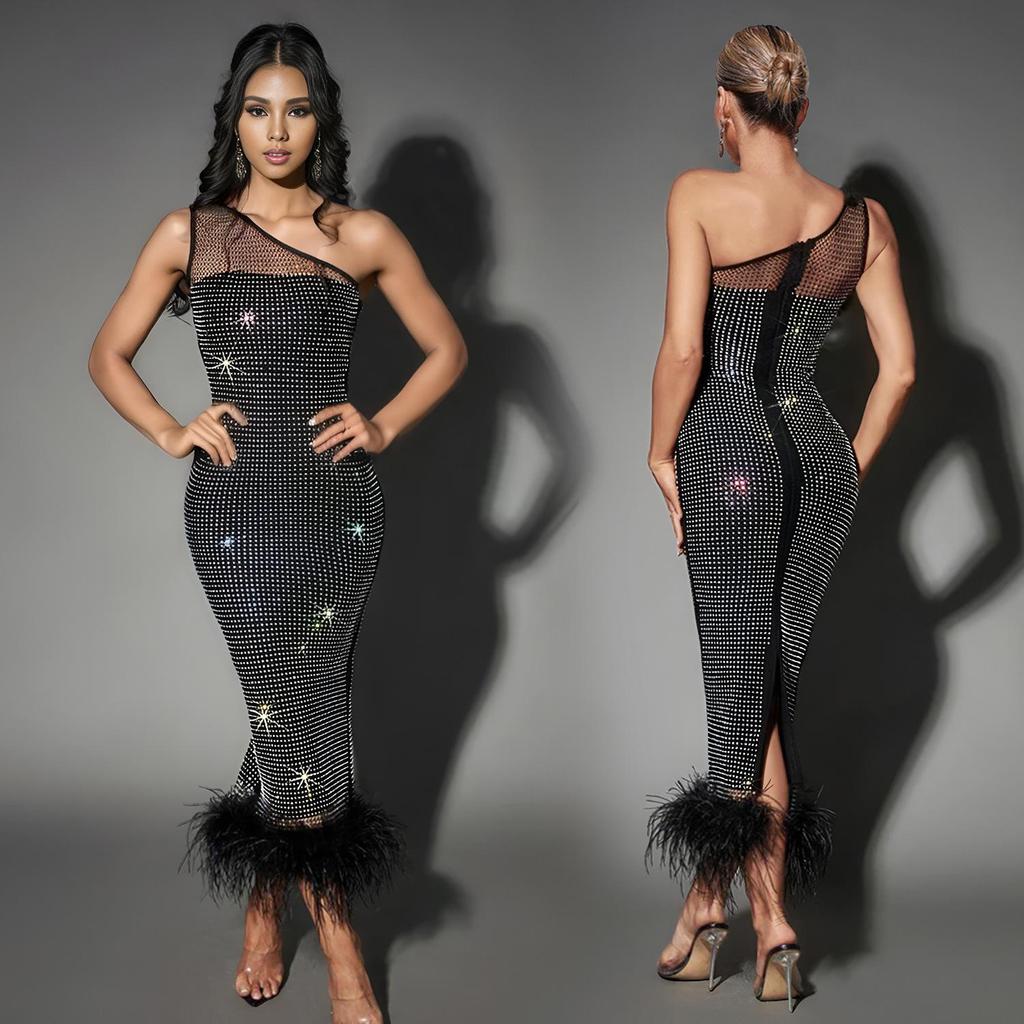 C6666 Damen One-Shoulder Netz-Feder-Bandagekleid mit Heißbohrungen