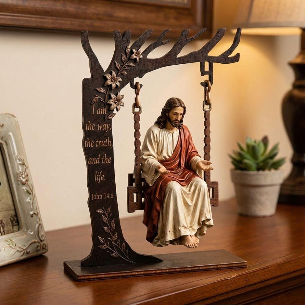 Vintage Wooden Jesus Swing Ornament Catholic Verse Engraved Bible Reading Figurine Cradle Swing Inspirational