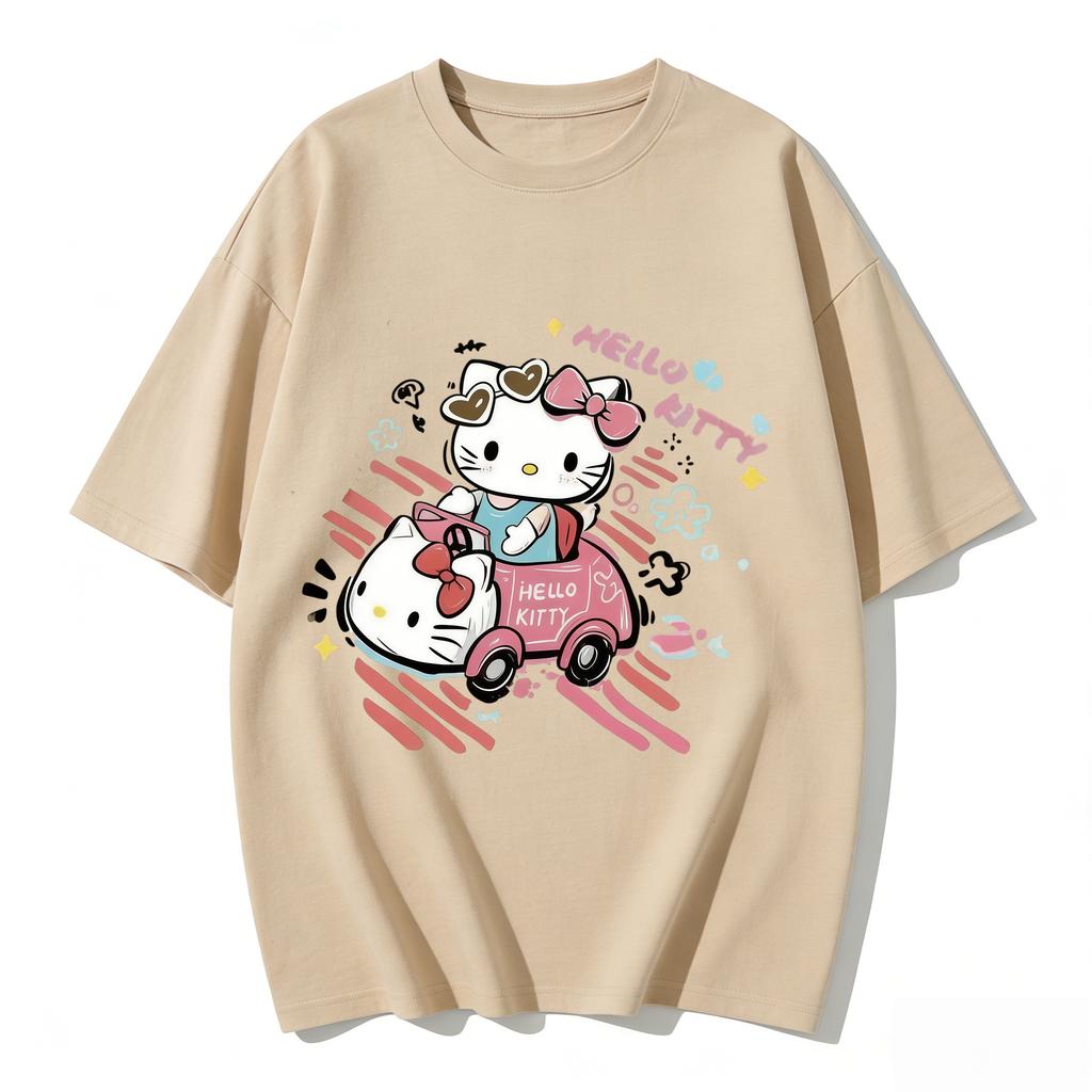 2026 New Arrival Kawaii Hello Kitty Pink Car Print Couple T Shirts Casual Loose Family Matching Outfits Parentchild Tees Tops