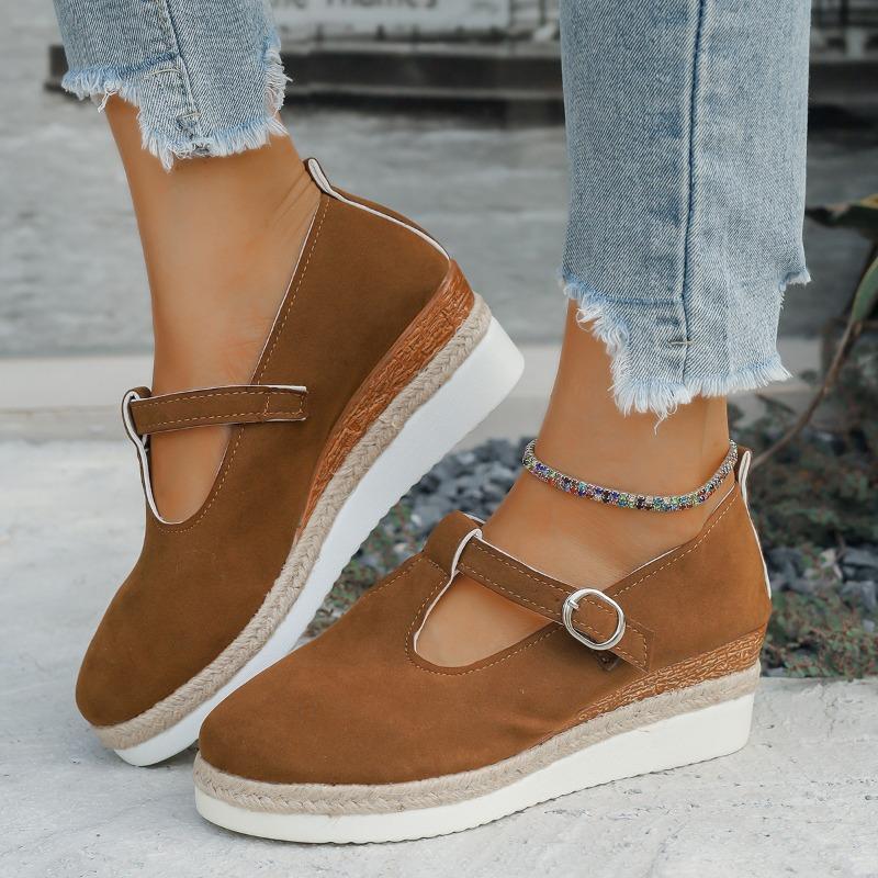 Thick-soled fashion casual single shoes women's printed bag head belt buckle hollow wedge heel large size single shoes