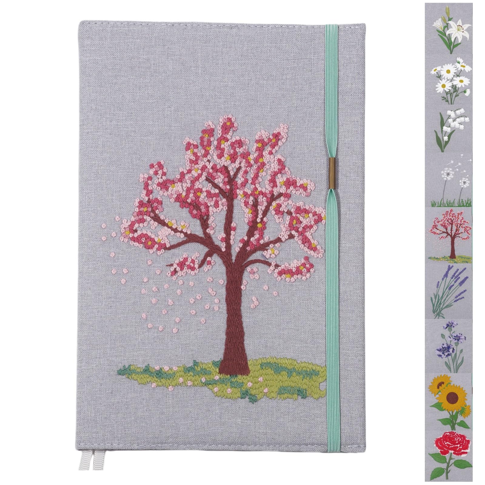 

FRORA Embroidery Journal Notebook, A5 Hardcover, Dotted Lines, Light Gray with Cherry Blossoms, 192 Pages, 21.8 cm x 14.6 cm - 80 GSM Cardstock