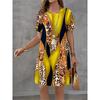 Women's Casual Short-sleeved Dress - Bright Yellow Leopard Print, Stripe and Check Pattern, Loose Round-neck Mini Skirt