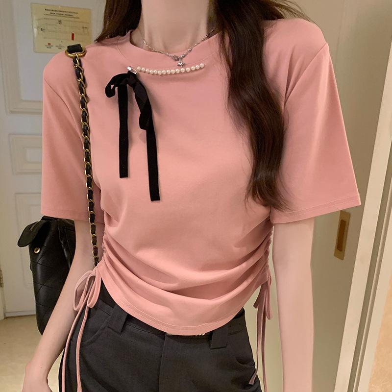 Beaded Bow Straight Shoulder Short-sleeved T-shirt for Women's New Pleated Waist-hugging Slim Short Top