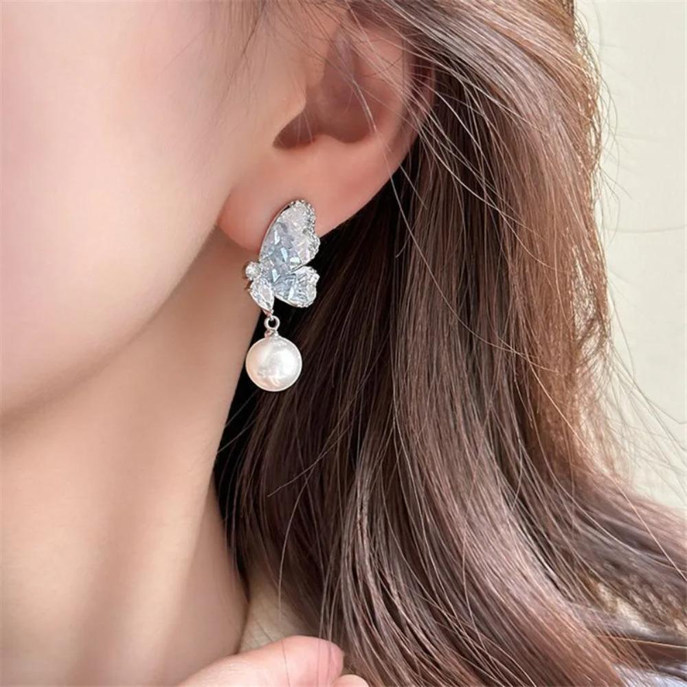 Pearl Pendant Blue Crystal Zircon Butterfly Stud Earrings for Women  Trend Personality Sweet Girls Jewelry Gift