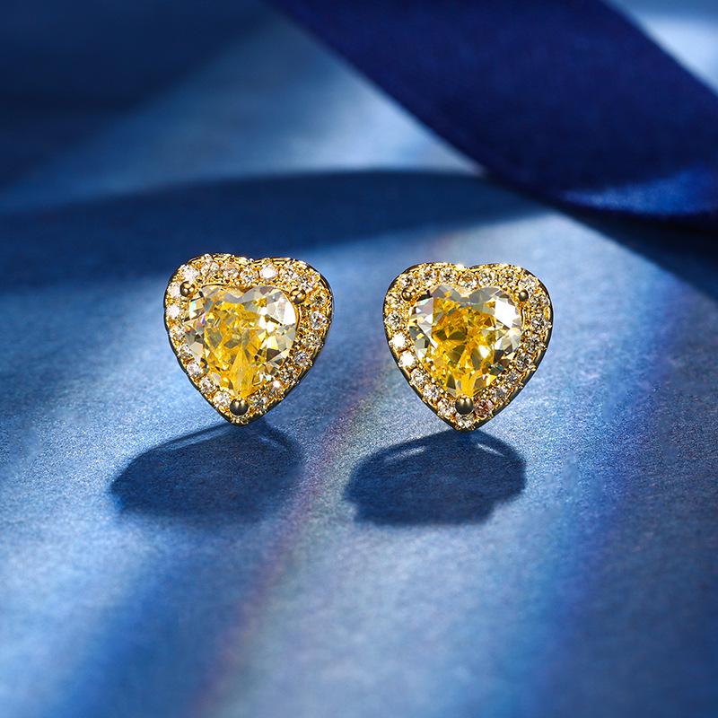 Heart-Shaped Ice Flower Cut Yellow Diamond Jewelry Set in Copper - 10*10-6*6 High Carbon Diamond for Autumn/Winter.