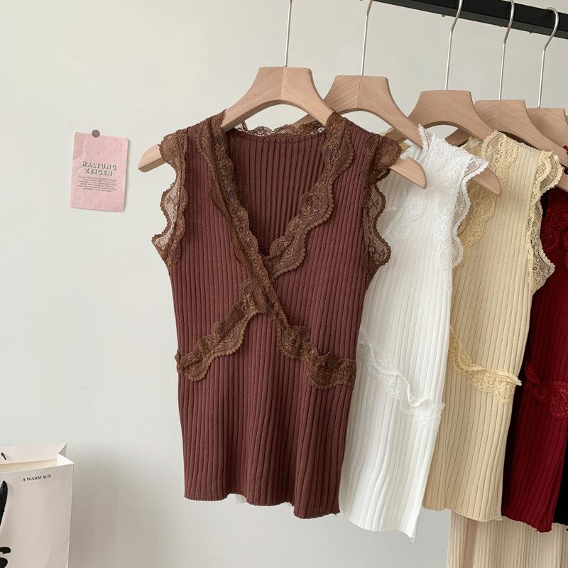 

Летний новый сексуальный кружевной жилет-халтер для женщин, верхняя часть с V-образным вырезом, шелковый утягивающий трикотаж One size