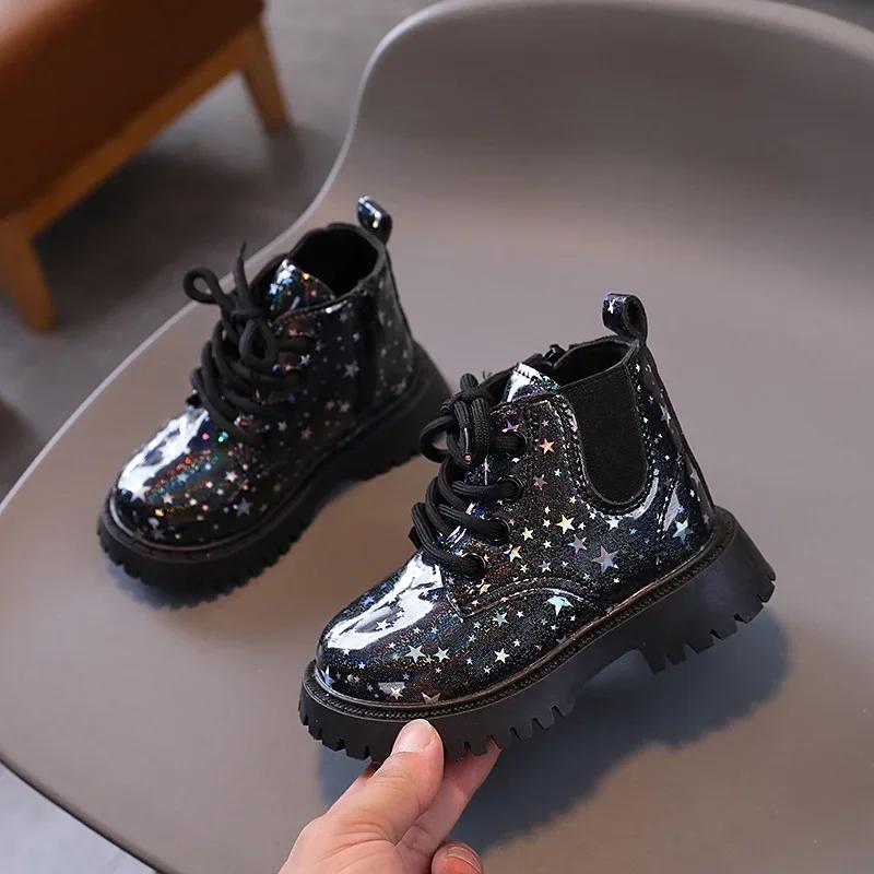 Children's Autumn Boots Thick Bottom Girls Princess Causal Platform Ankle Boots Fashion Glossy PU Kids Non-slip Short Boots Soft