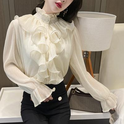 Autumn Vintage Ruffles Clothes Lace Blouse Women Spring Stand Collar White Chiffon Shirt Long Puff Sleeve Loose Tops Elegant