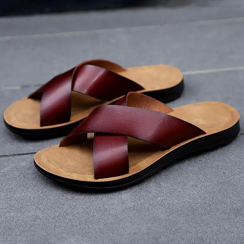 Italian Genuine Leather Slippers for Men's Beach Summer High-quality Large Size 38-47 Flat Bottomed Herringbone Sandals