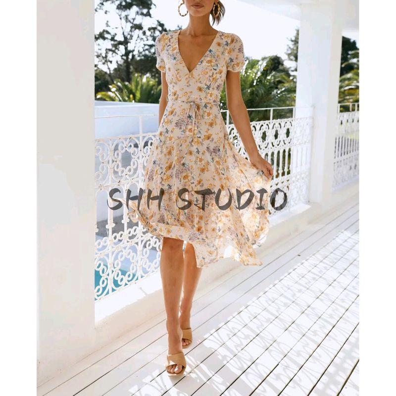 Autumn New Product Women clothes French style Holiday Style Leisure V-neck Short sleeve Series with Decoration Mid-Length Print Dress