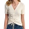 Women's V Neck Short Sleeve Ribbed Knit Top Casual Summer Shirt with Adjustable Drawstring Front Detail and Button Accents