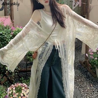 Spitzen-Langjacken Damen Sommer Durchsichtig Schnürung Koreanische Mode Urlaub Fairycore Sonnenschutz Atmungsaktiv Temperament Stilvoll