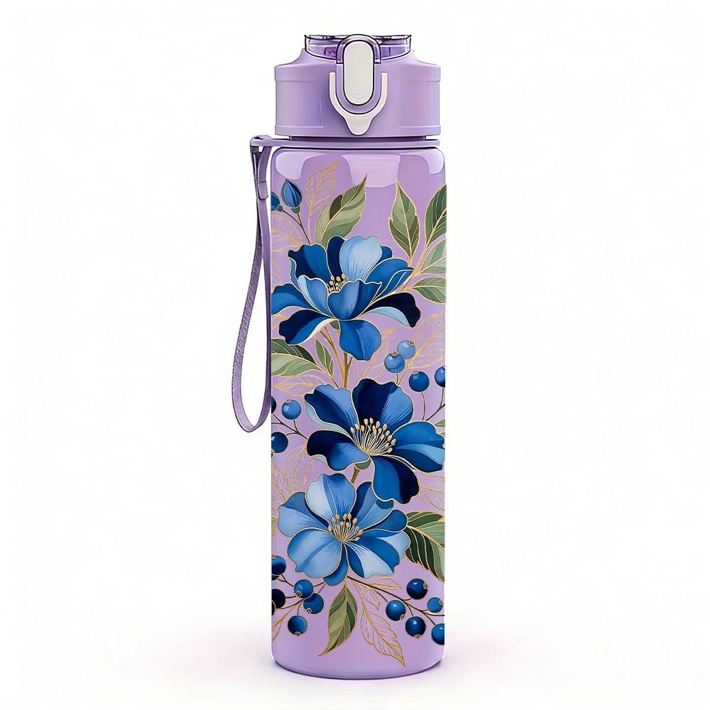 1PC Blue Floral Watercolor Vintage Pattern 750ml Color Plastic Sports Water Bottle Leakproof Flip Straw Lid Suitable for Sports Office Home Use