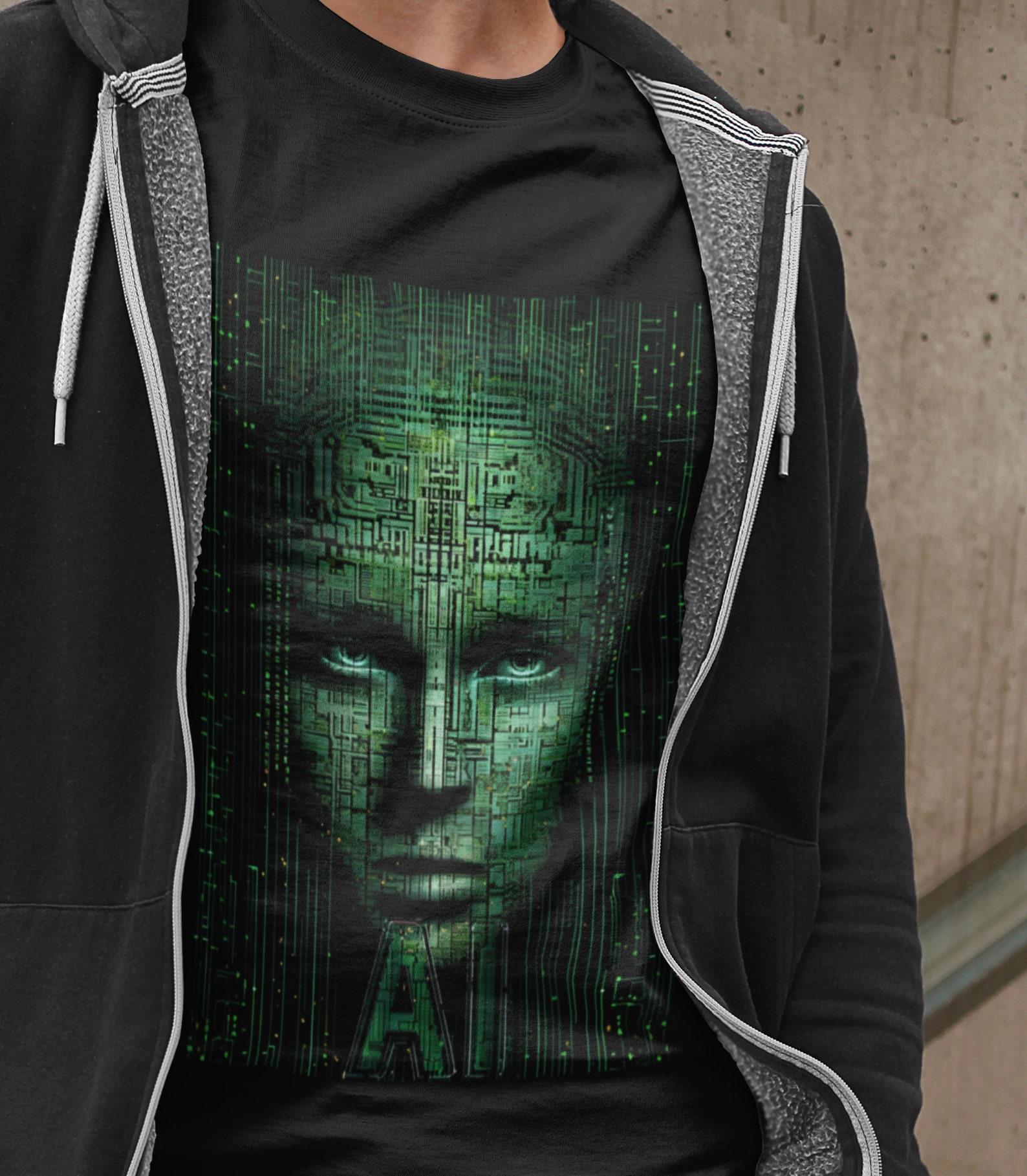 AI Green Face T-Shirt: Matrix Style Computer Art Tee 4XL