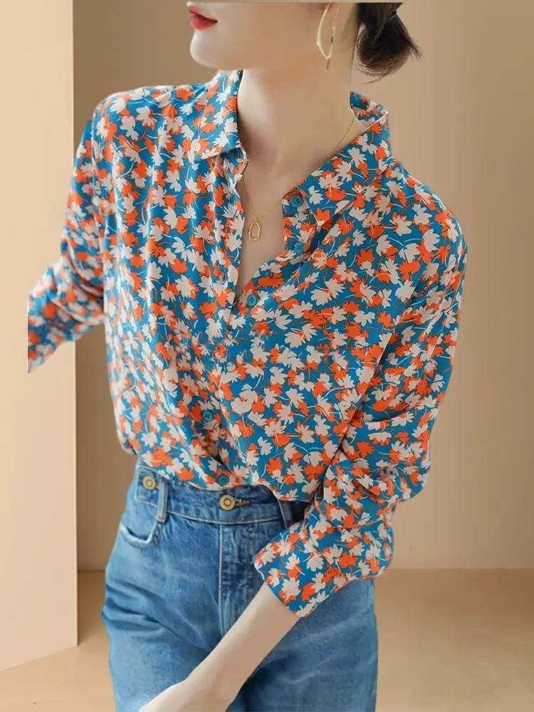 Spring Summer Women's Clothing Fashion Floral Print Lapel Long Sleeved Single Breasted Shirt Casual Women's Shirt