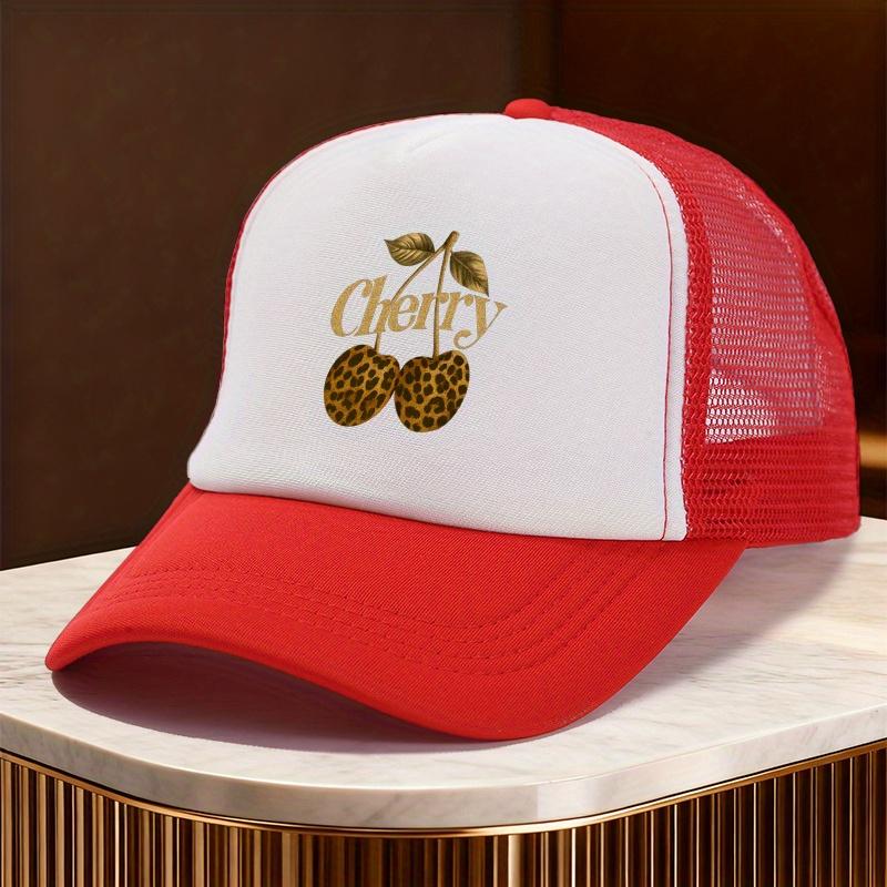 Leopard Cherry Print Trucker Hat Mesh Adjustable Baseball Cap Casual Summer Unisex One Size