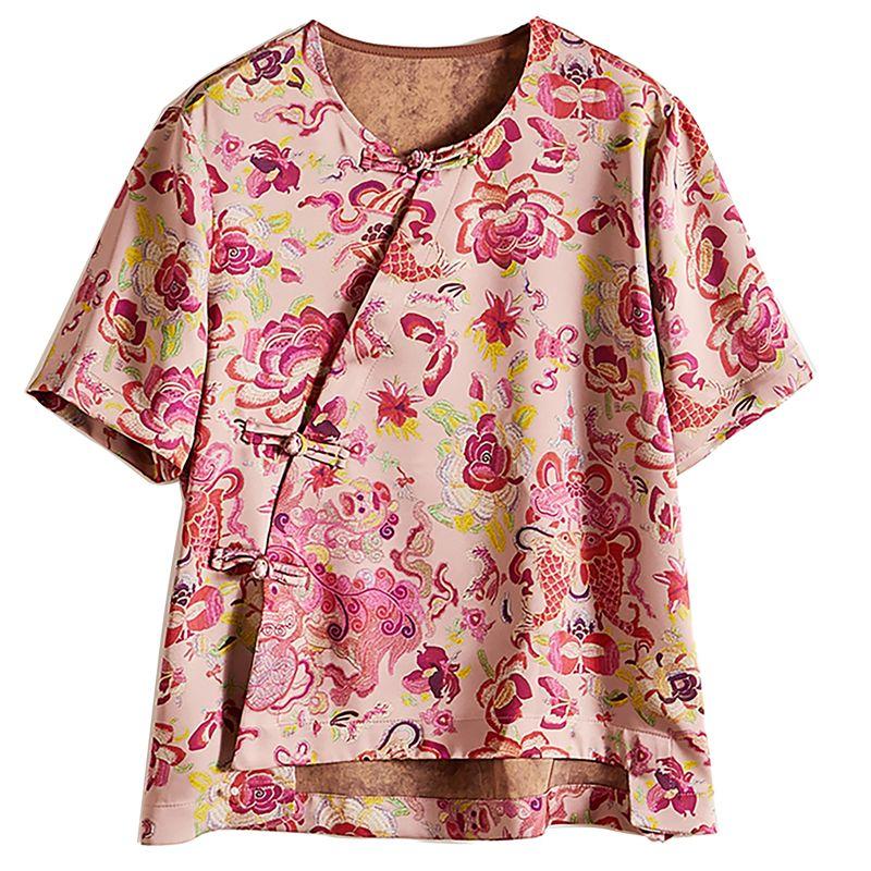 

Satin Poplin Cotton Oblique Plate Buckle round Neck Irregular Print Color Pink T-shirt Women Summer Gentle Quality Feeling Top Pink big flower L