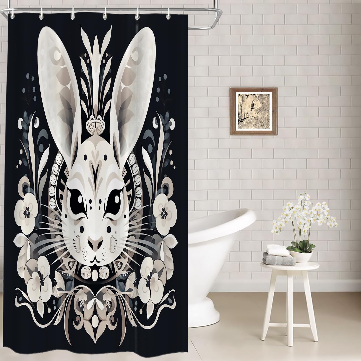 Artistic Rabbit Face Floral Design Shower Curtain Black White Boho Decor 72x72 Inches 90x180cm35x71in