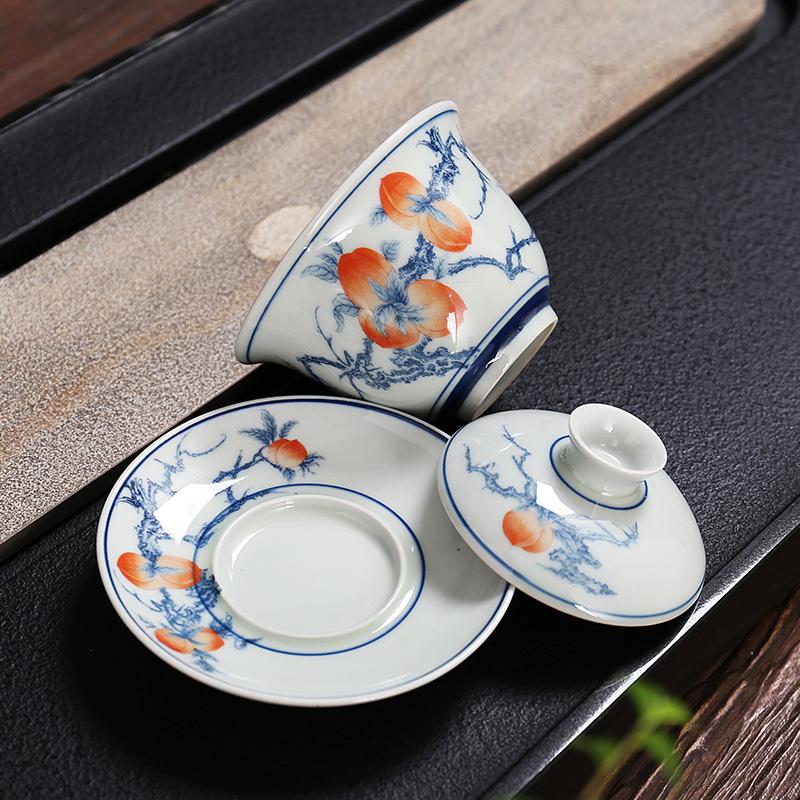 Ceramic Single Lid Bowl, Large Capacity Chinese Blue and White Three Piece Cover Bowl, Retro Tea Maker, Tea Cup
