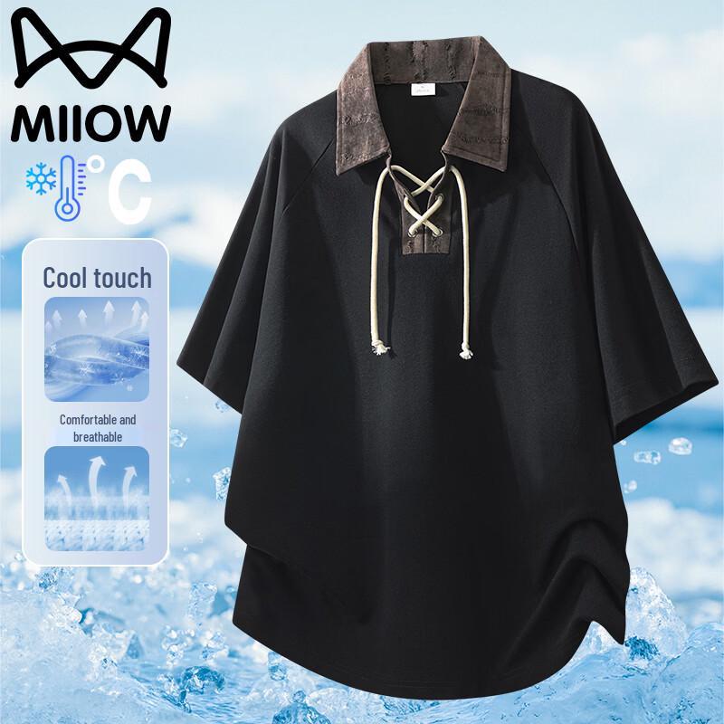 MiiOW Men s Summer Lapel Short Sleeve T-Shirt with Strap Detail 2XL