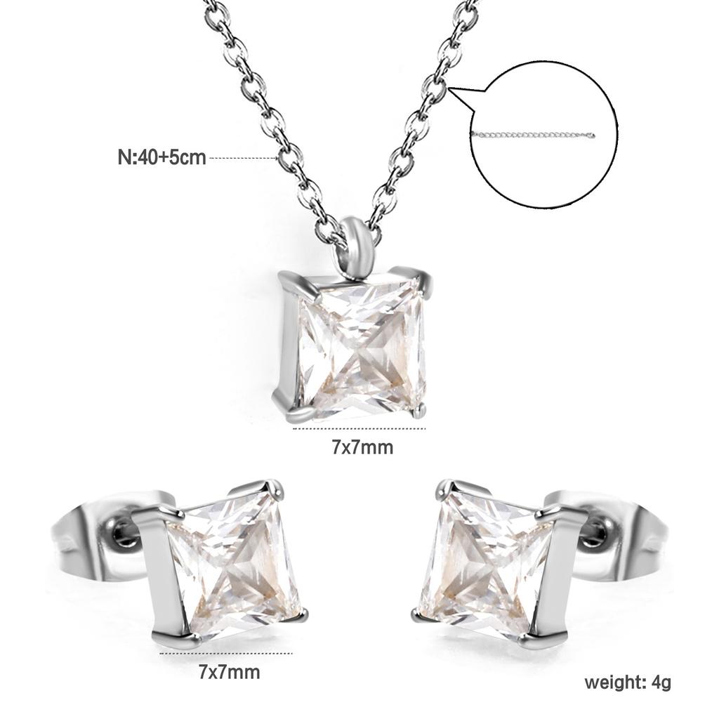 Square White Zircon Earrings And Necklace Set Classic Versatile Women's Jewelry Fade Resistant