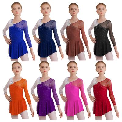 Fancy Girls' Ice Skating Leotard Dress Kids Long Sleeve Shiny Rhinestone Ballet Gymnastics Dance Dress Dancing Clothes